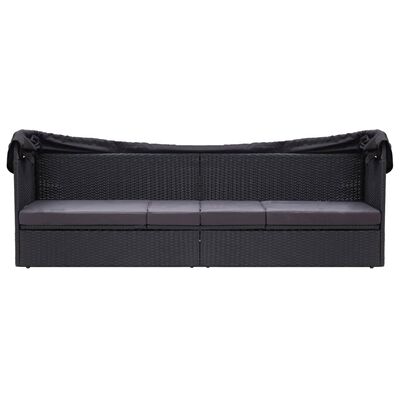 vidaXL Pat canapea de exterior cu copertină, negru, poliratan
