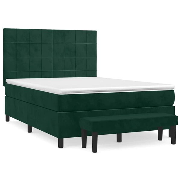 vidaXL Pat box spring cu saltea, verde &icirc;nchis, 140x200 cm, catifea