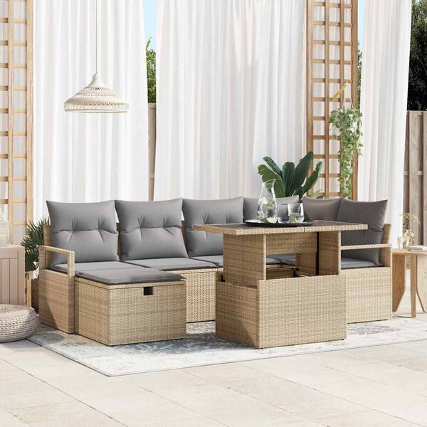 vidaXL Set de canapele pentru grădină cu pernă 7 pcs Bej Rattan poli
