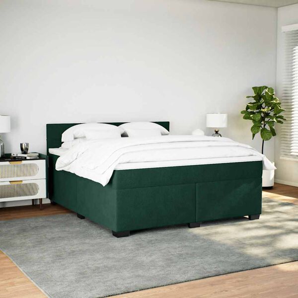 vidaXL Pat box spring cu saltea, verde &icirc;nchis, 180x200 cm, catifea