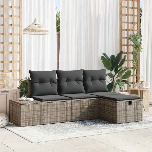 vidaXL Set de canapele pentru grădină cu pernă 4 pcs Gri Rattan poli