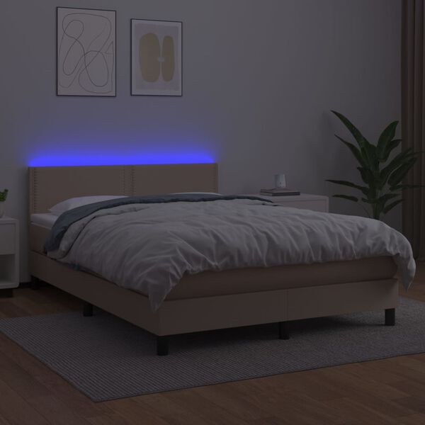 vidaXL Pat cu arcuri, cu saltea și LED cappuccino 140x190 cm piele eco