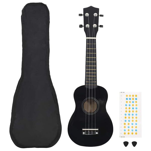 vidaXL Set ukulele Soprano pentru copii, cu husă, negru, 23"