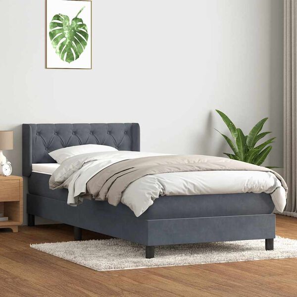 vidaXL Pat box spring cu saltea, gri &icirc;nchis, 80x210 cm, catifea