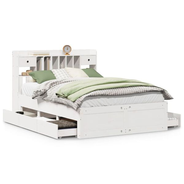 vidaXL Pat cu bibliotecă fără saltea, alb, 140x200 cm, lemn masiv pin