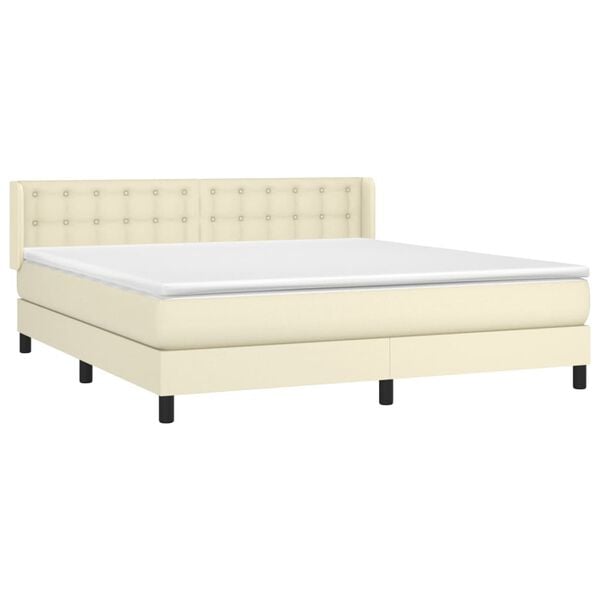 vidaXL Pat box spring cu saltea, crem, 180x200 cm, piele ecologică