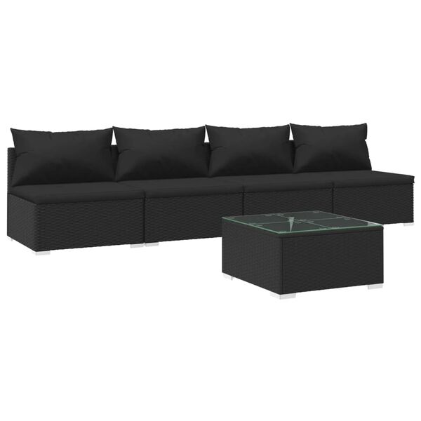 vidaXL Set mobilier de grădină cu perne, 5 piese, negru, poliratan