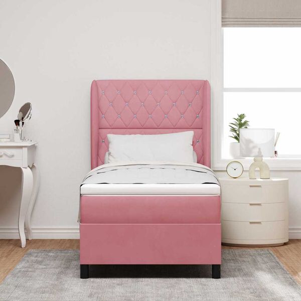 vidaXL Pat cu arcuri cu saltea cu headboard Roz 200 x 90 cm Catifea