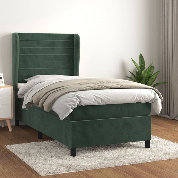 vidaXL Pat box spring cu saltea, verde &icirc;nchis, 80x200 cm, catifea