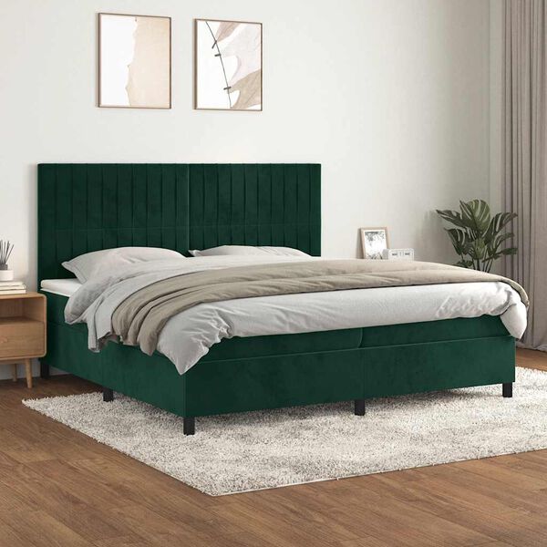 vidaXL Pat box spring cu saltea, verde &icirc;nchis, 200x200 cm, catifea