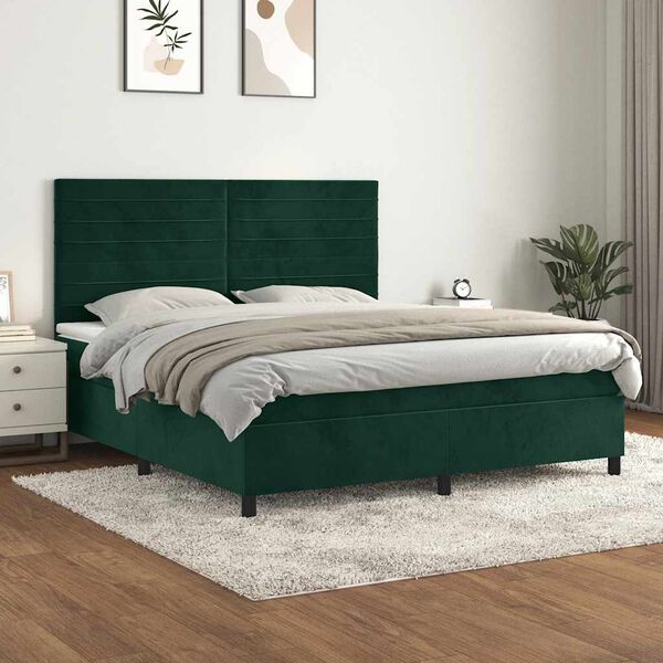vidaXL Pat box spring cu saltea, verde &icirc;nchis, 180x200 cm, catifea