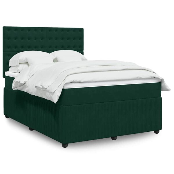 vidaXL Pat box spring cu saltea, verde &icirc;nchis, 140x190 cm, catifea