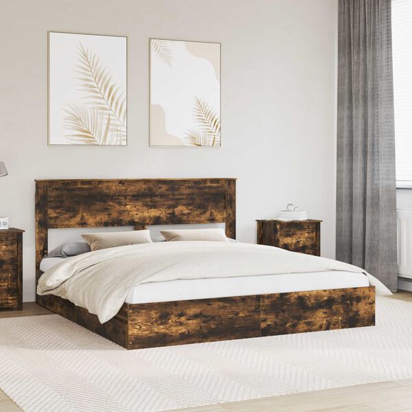 vidaXL Pat cu storage Stejar fumuriu 180 x 200 cm Lemn compozit