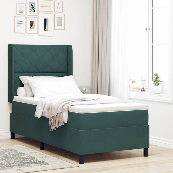 vidaXL Pat cu arcuri cu headboard Verde &icirc;nchis 90 x 200 cm Catifea