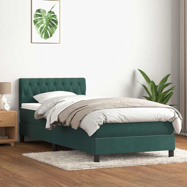 vidaXL Pat box spring cu saltea, verde &icirc;nchis, 90x210 cm, catifea