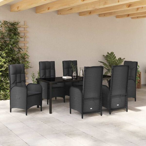 vidaXL Set de masă pentru grădină cu pernă 7 pcs Negru poliratan