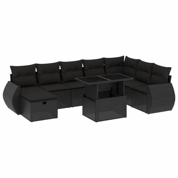 vidaXL Set mobilier de grădină cu perne, 9 piese, negru, poliratan
