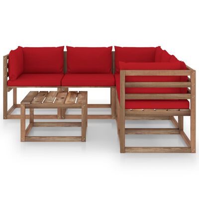 vidaXL Set mobilier de grădină, perne roșii, 6 piese, lemn pin tratat