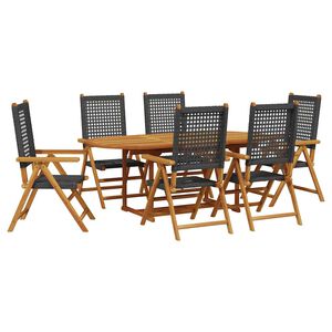 vidaXL Set masă pentru grădină, 7 piese, negru, poliratan/lemn masiv