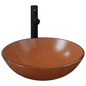 vidaXL Chiuvetă baie, robinet și scurgere tip push, maro sticlă călită