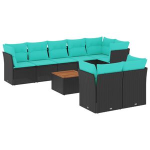 vidaXL Set mobilier de grădină cu perne, 9 piese, negru, poliratan