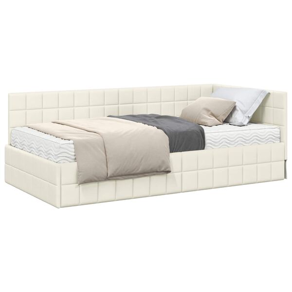 vidaXL Cadru de pat colțar cu saltea cu headboard 2 pcs Crem Catifea