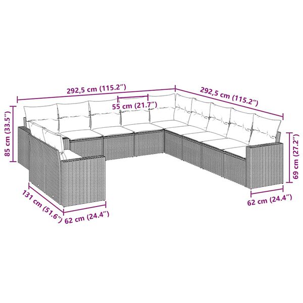 vidaXL Set canapele de grădină cu perne, 11 piese, negru, poliratan