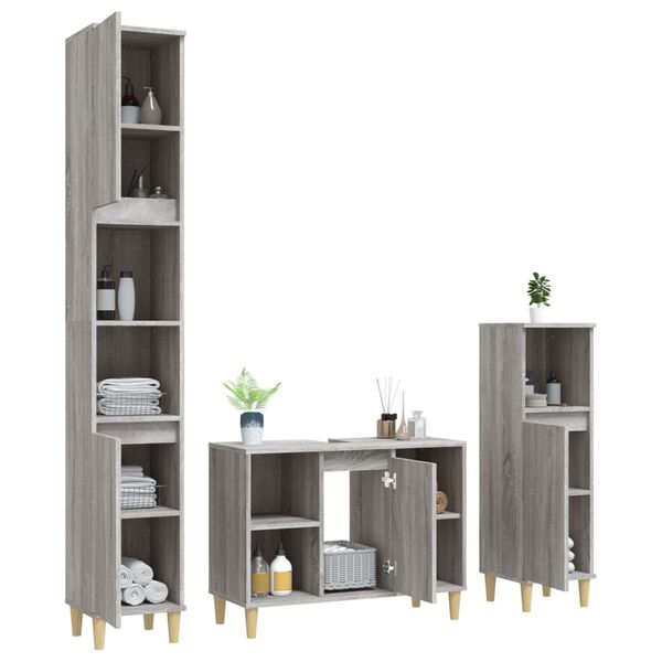vidaXL Set mobilier de baie, 3 piese, gri sonoma, lemn prelucrat