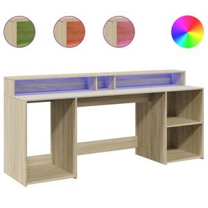 vidaXL Birou cu lumini LED stejar sonoma, 200x55x91 cm, lemn prelucrat