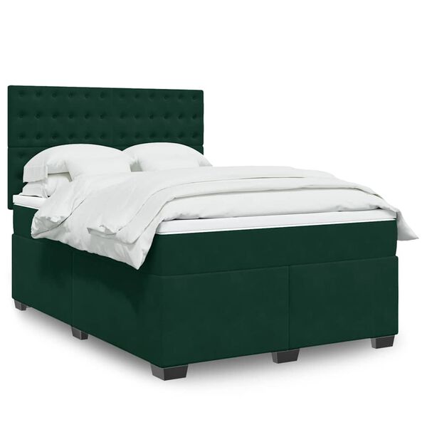 vidaXL Pat box spring cu saltea, verde &icirc;nchis, 140x200 cm, catifea