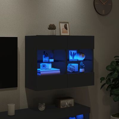 vidaXL Comodă TV de perete cu lumini LED, negru, 78,5x30x60,5 cm