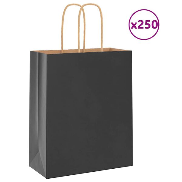 vidaXL Pungi de h&acirc;rtie 250 buc cu m&acirc;nere negre 18x8x22 cm