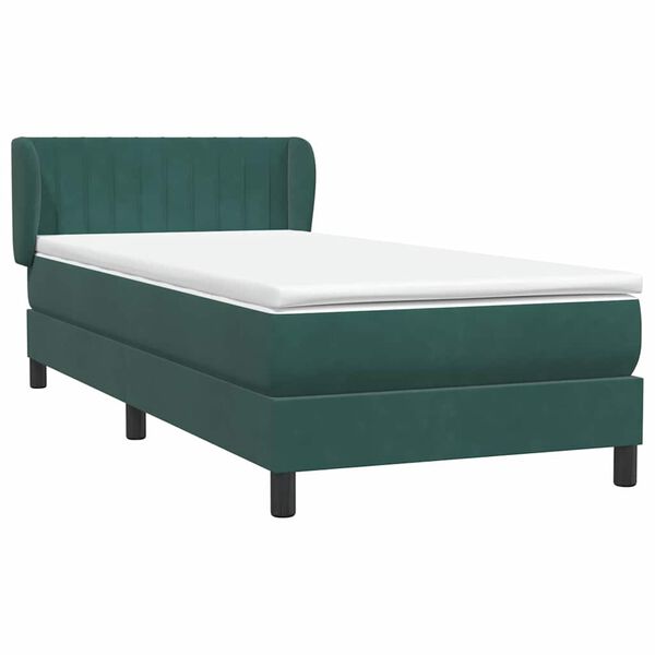 vidaXL Pat box spring cu saltea, verde &icirc;nchis, 100x210 cm, catifea