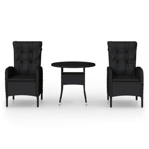 vidaXL Set bistro de grădină, 3 piese, negru, poliratan