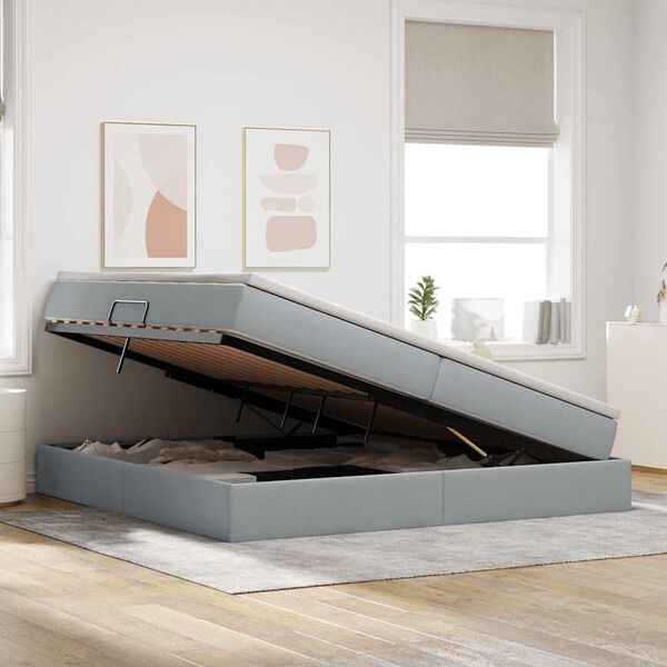 vidaXL Pat cu saltea și spațiu de depozitare Gri deschis 200 x 200 cm