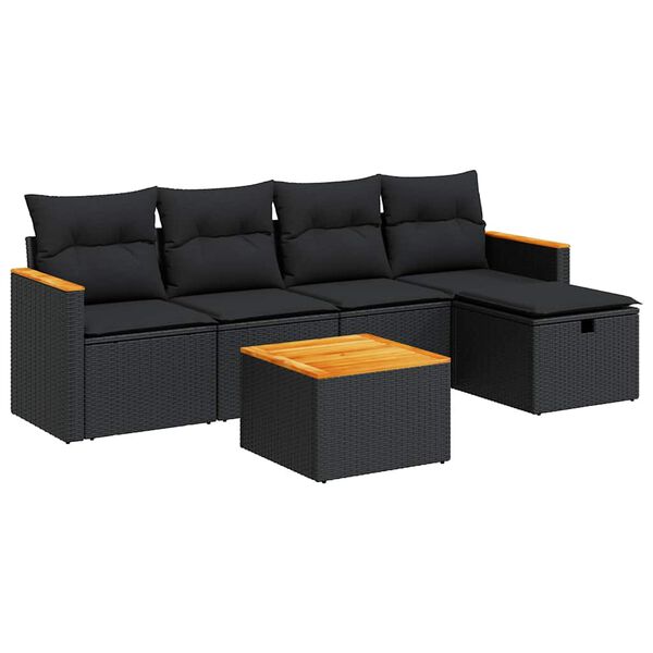 vidaXL Set mobilier de grădină cu perne, 6 piese, negru, poliratan