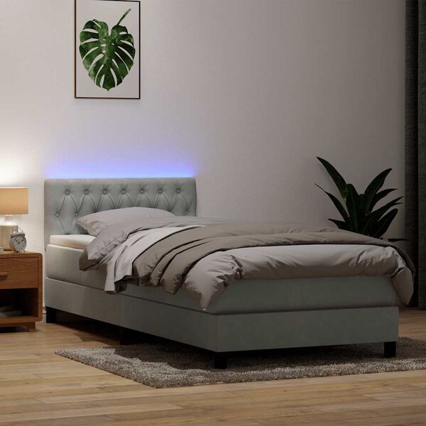 vidaXL Pat cu arcuri cu saltea și LED, gri deschis, 90x220 cm, catifea