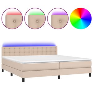 vidaXL Pat cu arcuri, cu saltea și LED cappuccino 200x200 cm piele eco