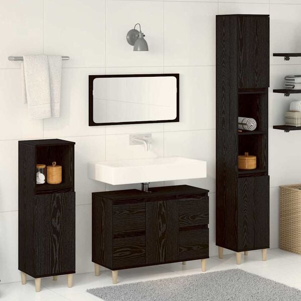 vidaXL Set de mobilier pentru baie Pe perete cu ușă 3 pcs Stejar Negru