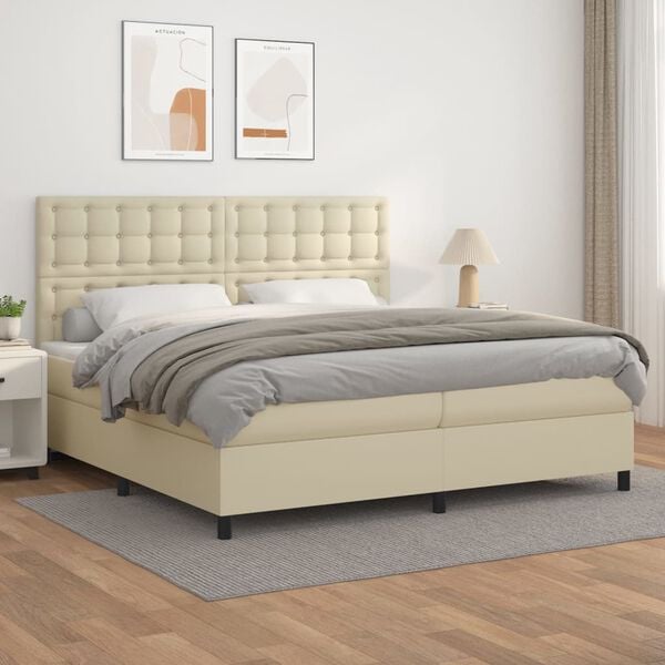vidaXL Pat continental cu saltea, crem, 200x200 cm, piele ecologică