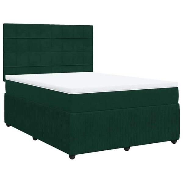 vidaXL Pat box spring cu saltea, verde &icirc;nchis, 160x200 cm, catifea