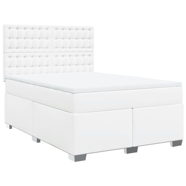 vidaXL Pat box spring cu saltea, alb, 140x190 cm, piele ecologică