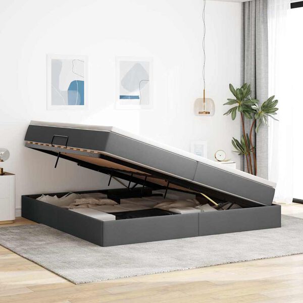 vidaXL Pat cu saltea și spațiu de depozitare Gri &icirc;nchis 200 x 200 cm