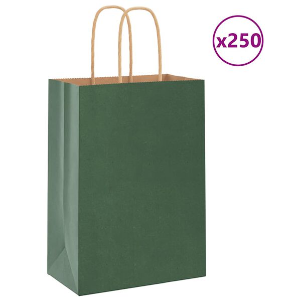 vidaXL Pungi de h&acirc;rtie 250 buc cu m&acirc;nere verde 15x8x21 cm