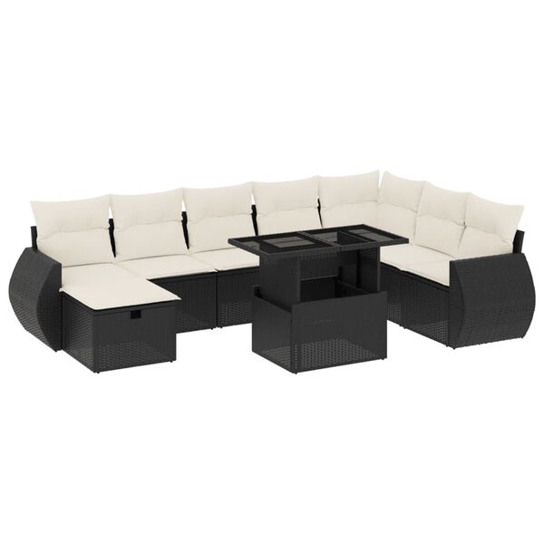 vidaXL Set mobilier de grădină cu perne, 9 piese, negru, poliratan