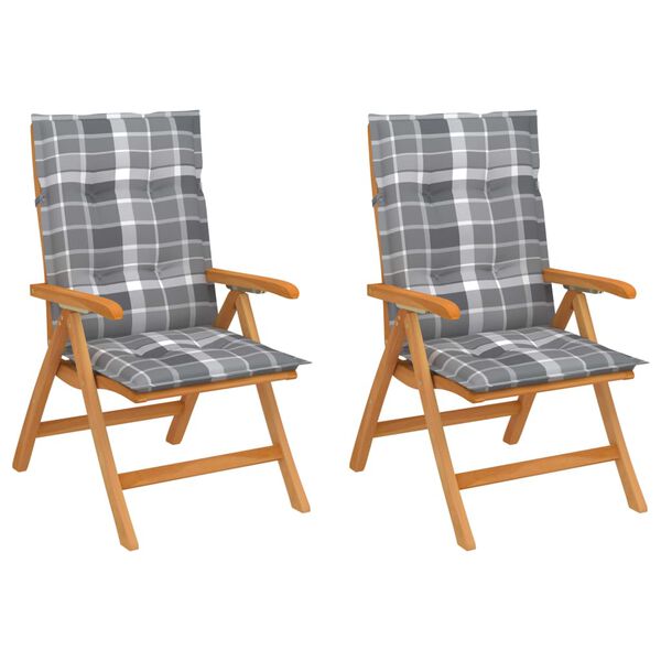 vidaXL Scaune de grădină, perne gri carouri, 2 buc., lemn masiv tec