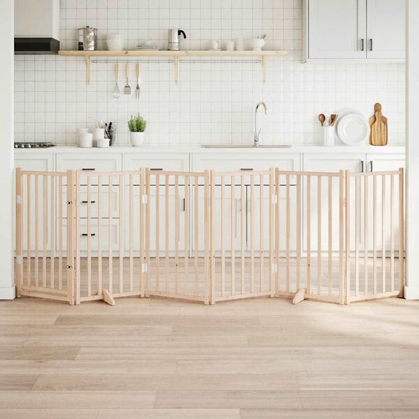 vidaXL Poartă de acces pentru c&acirc;ini cu ușă pliabilă, 6 panouri, 300 cm, lemn masiv de brad