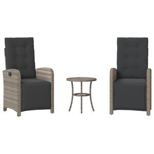 vidaXL Set bistro de grădină cu perne, 3 piese, gri, poliratan