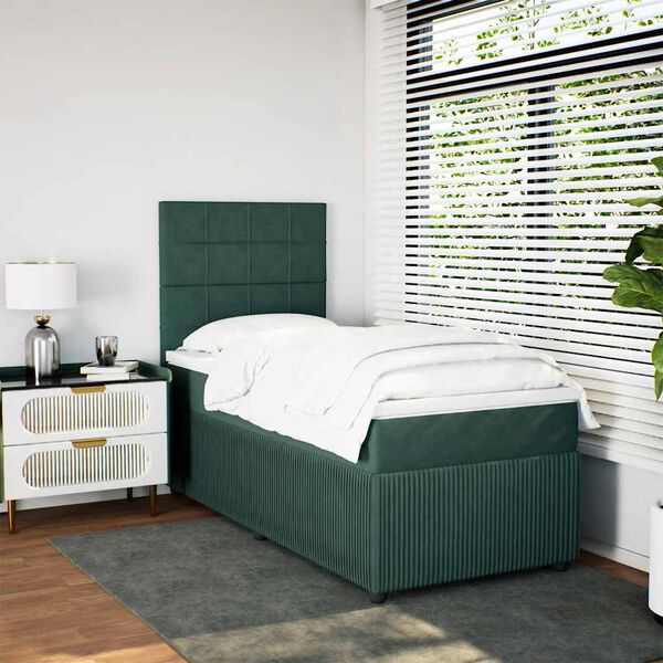 vidaXL Pat box spring cu saltea, verde închis, 100x200 cm, catifea