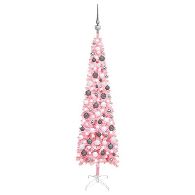 vidaXL Brad de Crăciun pre-iluminat slim, set globuri, roz, 120 cm